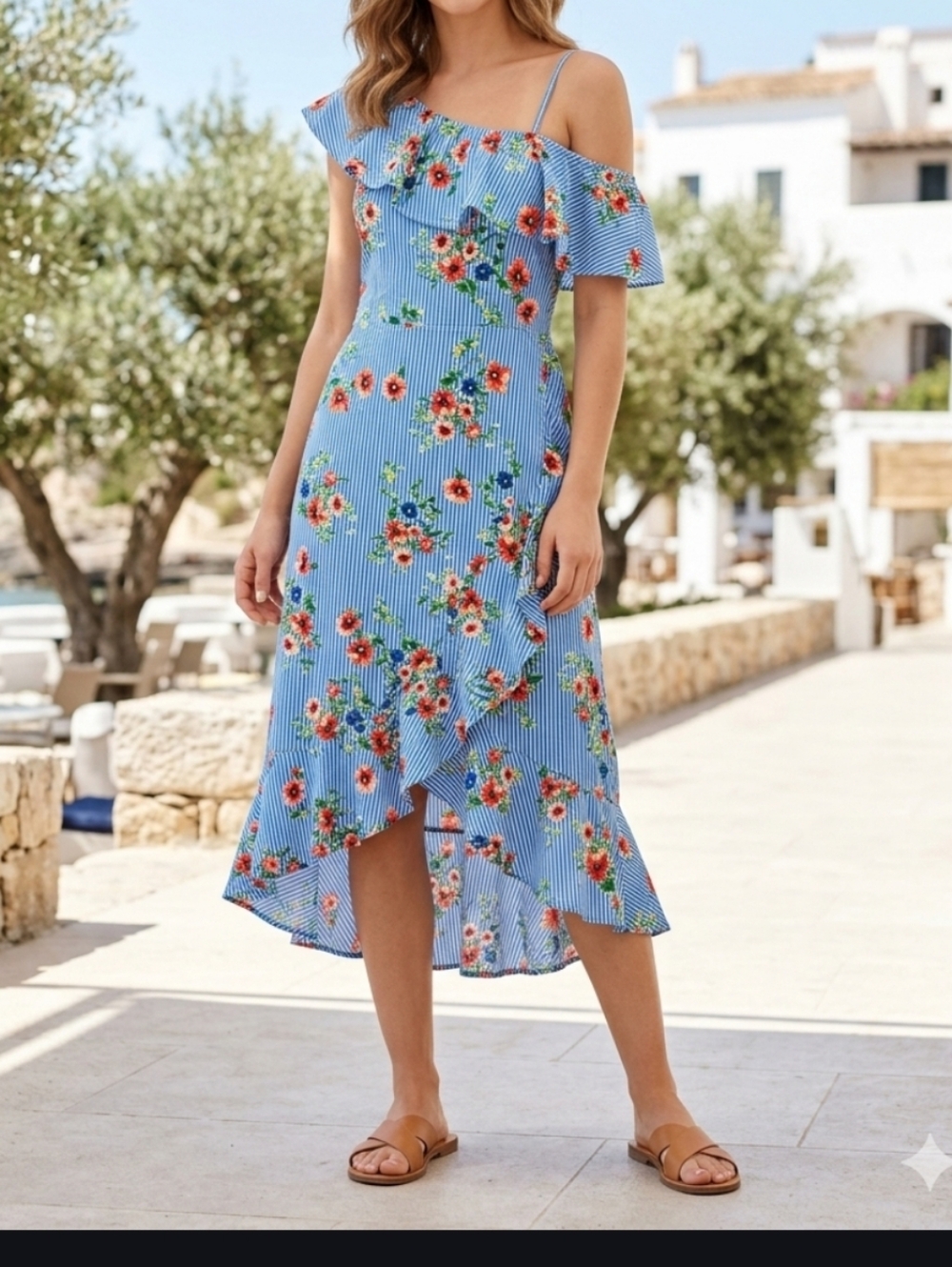 Amelia Size 6 Blue Floral Cold-Shoulder Midi Dress